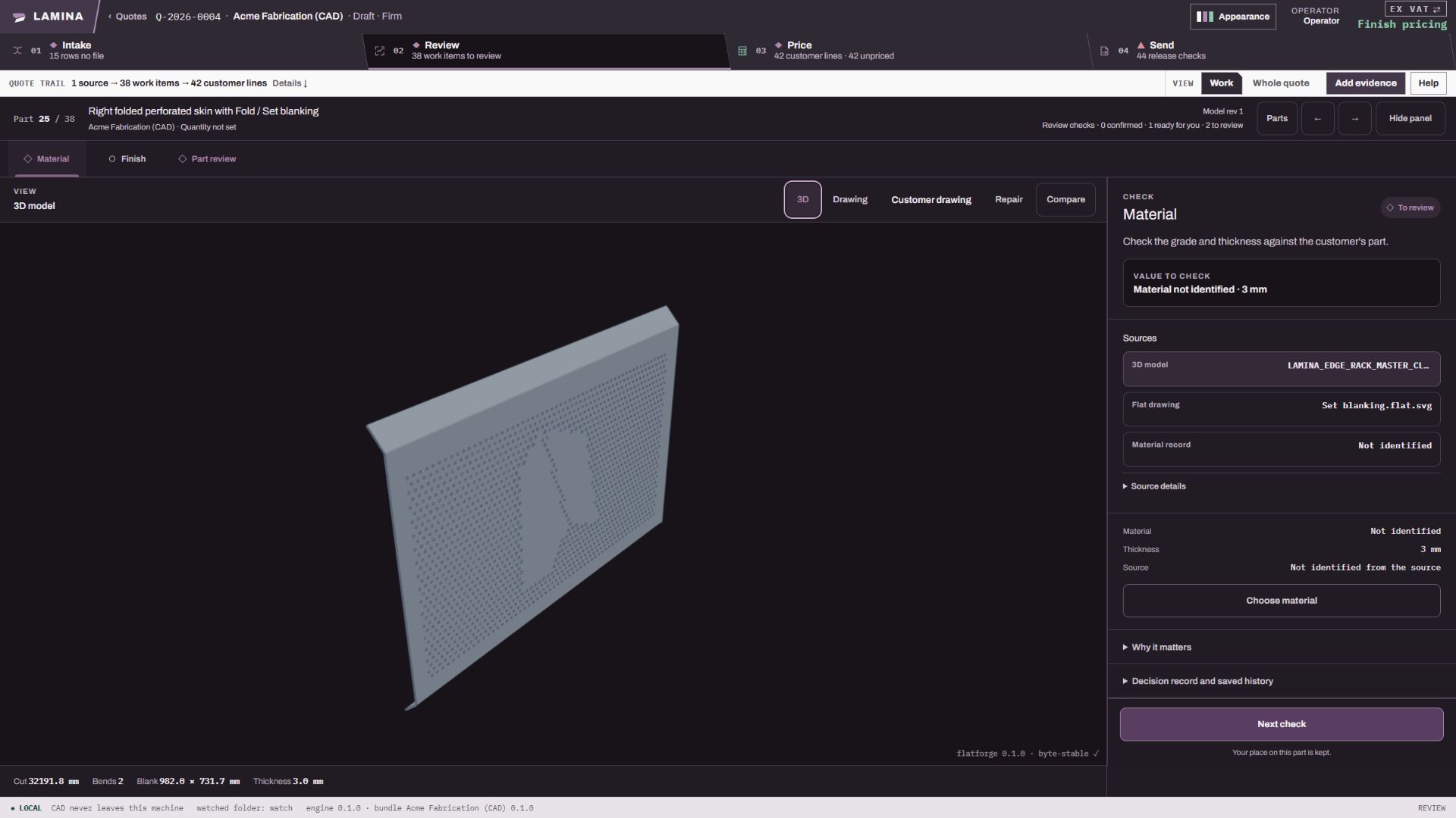 The perforated panel in LAMINA’s 3D view, with 3 mm thickness detected from the model and the material grade still to check.